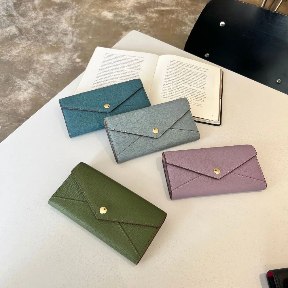 2025 Long Wallet For Women Luxury Genuine Leather Lychee Pattern Bag  Fashion Designer Solid Color Cowhide Ladies Card Pouch