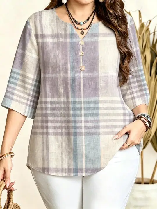 Women Vintage Plaid Print Blouse Notched Neck 3/4 Sleeve Loose Fit For Curvy Figures Daily Casual Ladies Tops