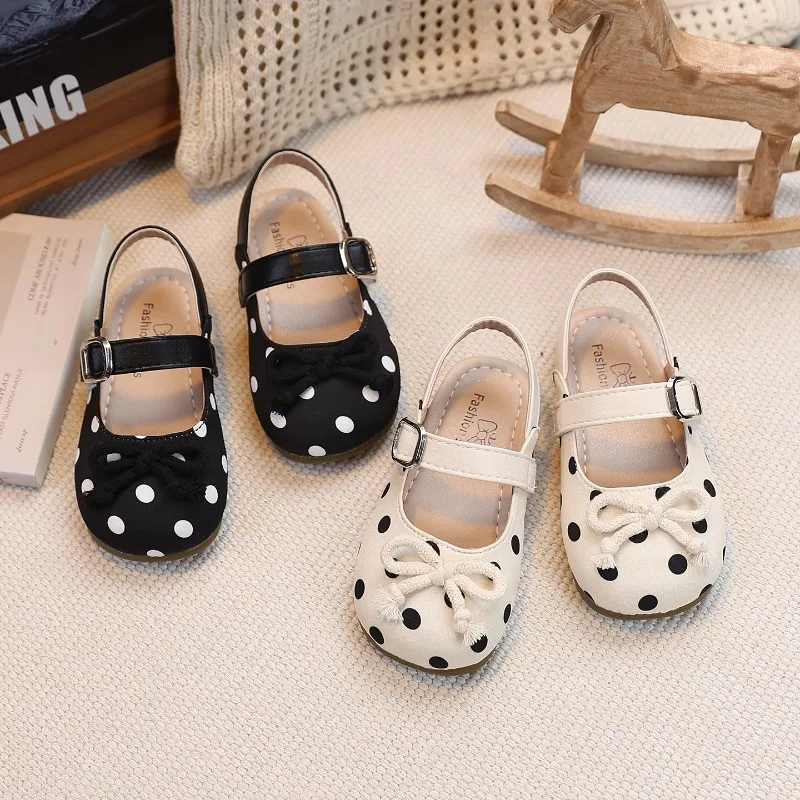 Spring Girl's Sandals Polka Dot Bowknot Hook-loop Sweet Kid's Flat Shoe Solid Colors Anti-slip Chic Versatile Children Shoes