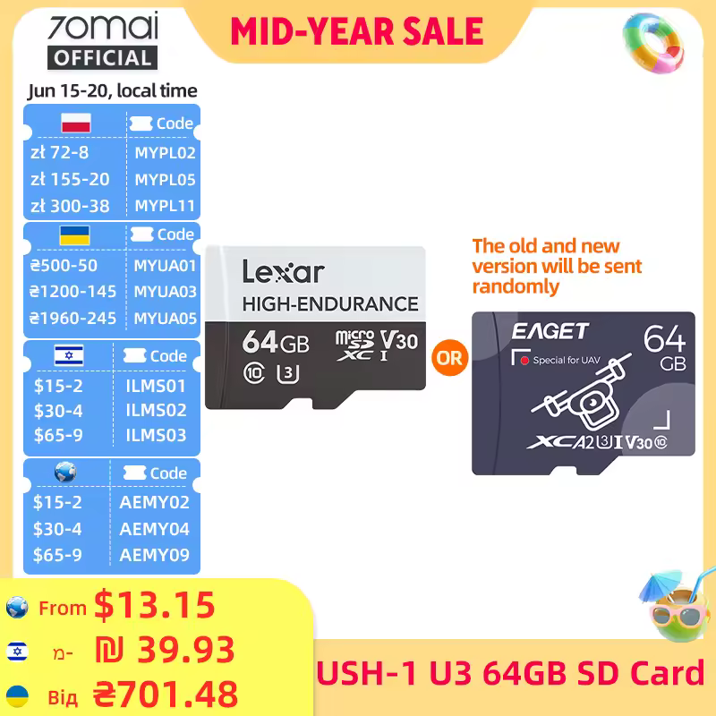 כרטיס TF Micro SD בנפח 32GB 64GB 128GB USH-3 למצלמת 70mai 4K Dash Cam A810 A800SE A800S A510 A500S M310 S500 EAGET באיכות גבוהה
