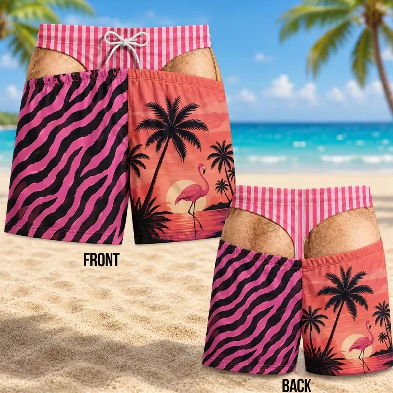 Mens Hawaiian Shorts Summer Beach Boardshort Tropical Palm Tree Print Swim Trunks Casual Quick Dry Swimwear Vacation Holiday