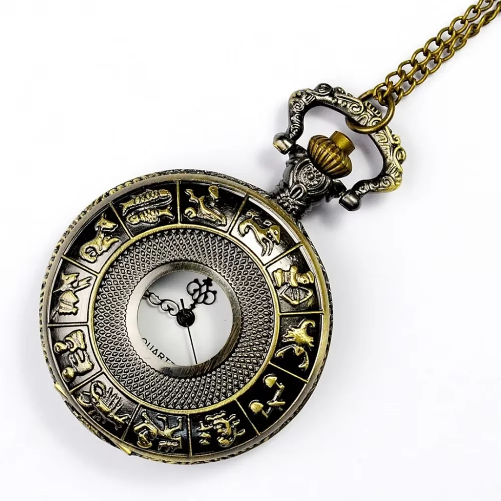 0   Chinese Zodiac Pattern Skeleton Cover Fob Watch Classic Digit Dial Bronze Vintage Quartz Exquisite Chain Pocket Watch