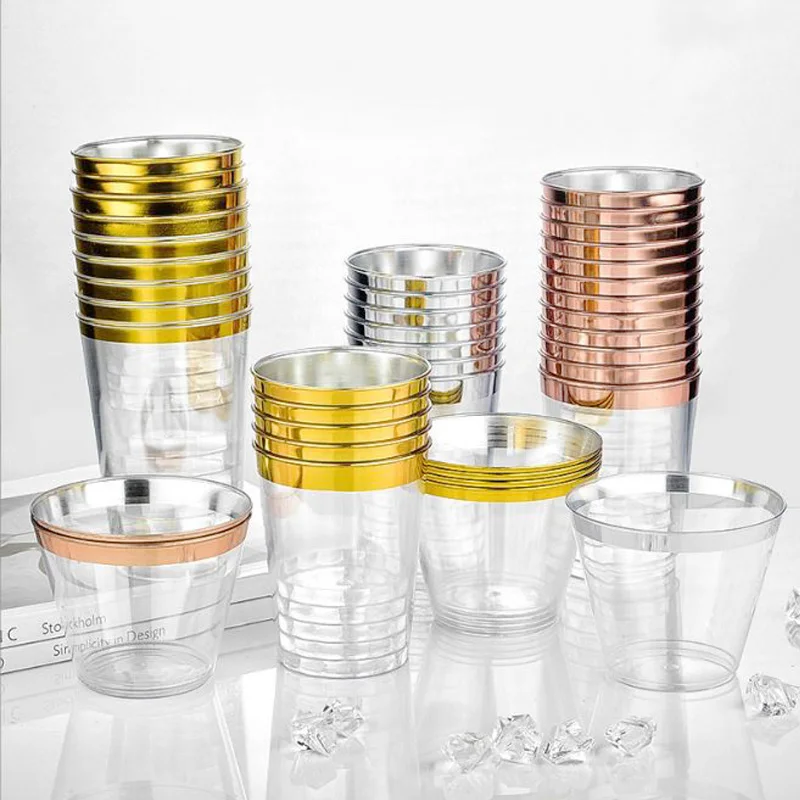 25Pcs Golden Plastic Cup 300ml Disposable Cup Wine Glass Transparent Drink Cup Birthday Wedding christmas Party Reusable