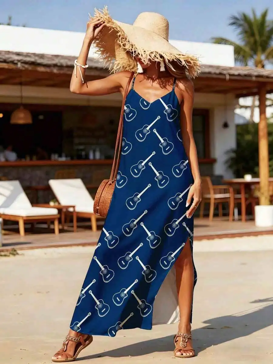 

Blue Guitar Print Maxi Dress With Side Slit Spaghetti Straps Summer Beach Vacation Outfit For Women