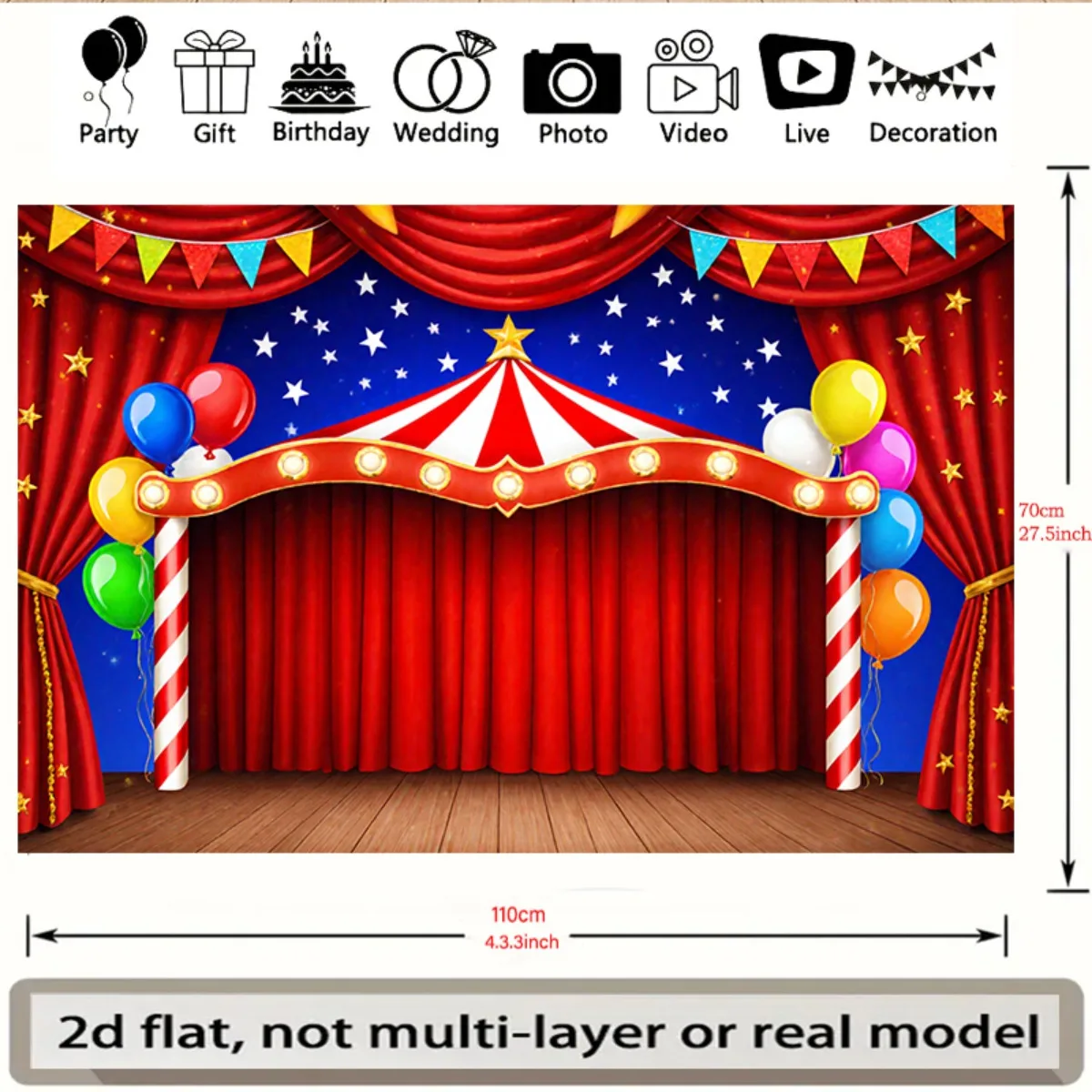 2D plane, 1 circus-themed party banner - carnival clown and circus tent pattern