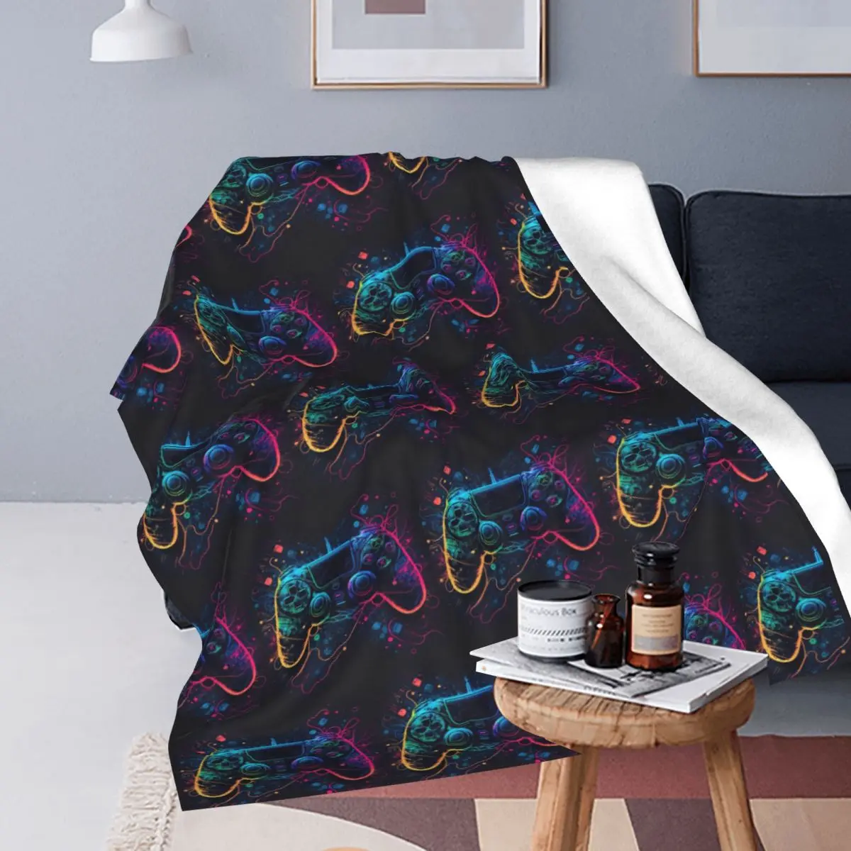 Neon Light Game Controller Gamepad Blanket Soft Warm Flannel Throw Blanket Bedding for Bed Travel Home Sofa