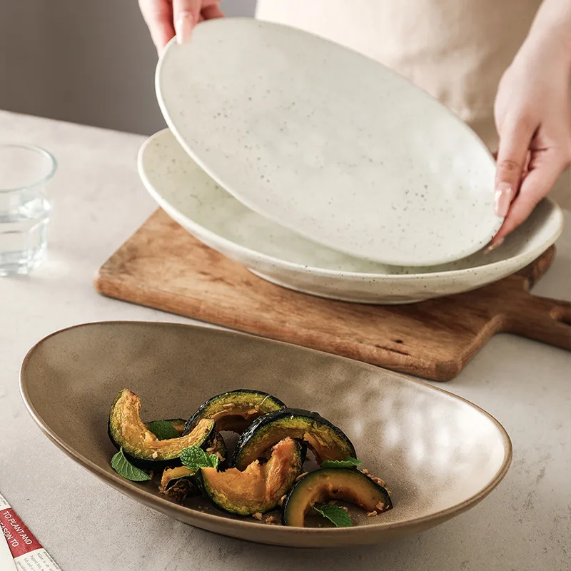 

1PC Plate Japanese Retro Ceramic Tableware Household Oval Bowl Salad Plate Ship Type Restaurant Tableware