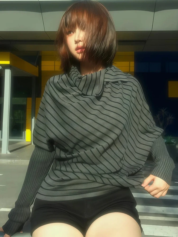 Genayooa Japanese 2000s Sweater Women Striped Knit Pullover Batwing Sleeve Streetwear Y2k Vintage Tops Turtleneck Sweaters