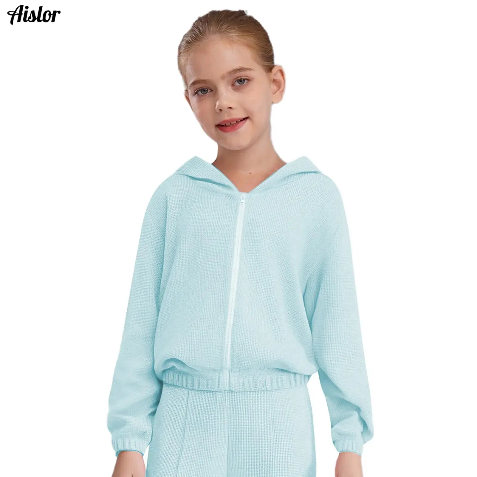 

Kids Girls Zipper Waffle Hoodie Children's Clothing Casual Long Sleeve Hooded Pullover Sweatshirt for Picnic Park Holiday Sports