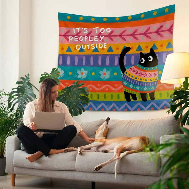 VIKAMA Black Cat Too Peopley Outside Striped Wall Tapestry Boho Colorful Horizontal Stripe Sweater Kitty Funny Quote Bedroom