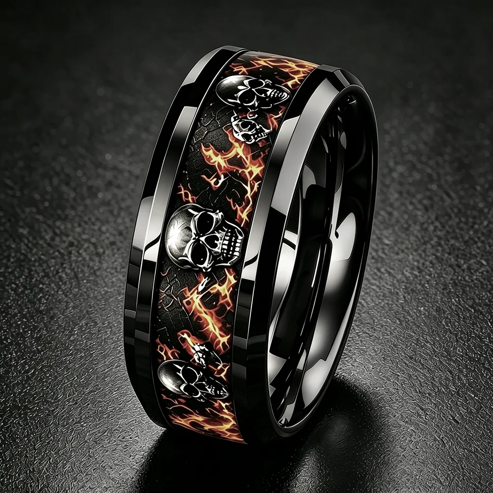 Gothic Punk Feuerschädel-Ring, Halloween-Skelett-Flammen-Intarsie Edelstahlringe für Männer, Hip-Hop-Rock-Biker-Schmuck Geschenk für Ihn – Detail 10
