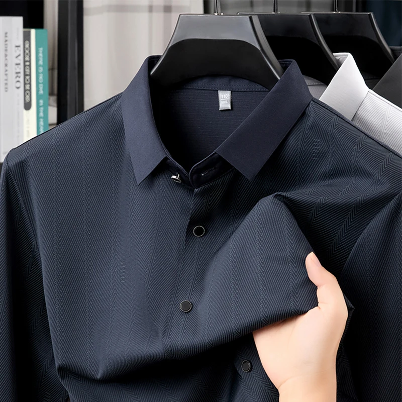 TFETTERS 2026 Elegant Spring Men's Mulberry Ice Silk Blend Long Sleeve Shirt Stipred Pattern Anti-wrinkle Autumn Shirt