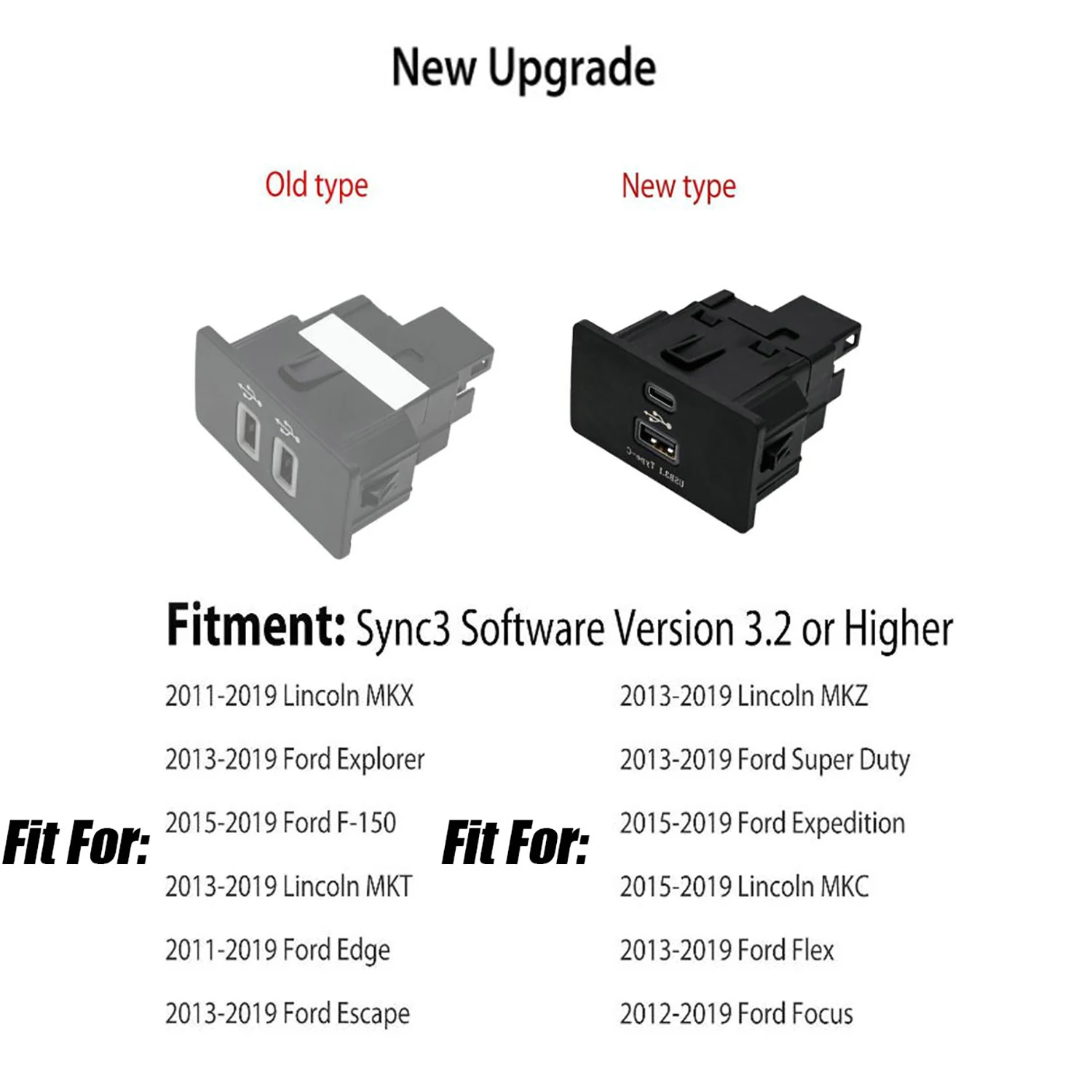 1x Dual USB Interface Module Upgrade Type C+USB Interface HC3Z-19A387-B For Lincoln MKX MKT Ford Explorer F-150 Escape SYNC 3