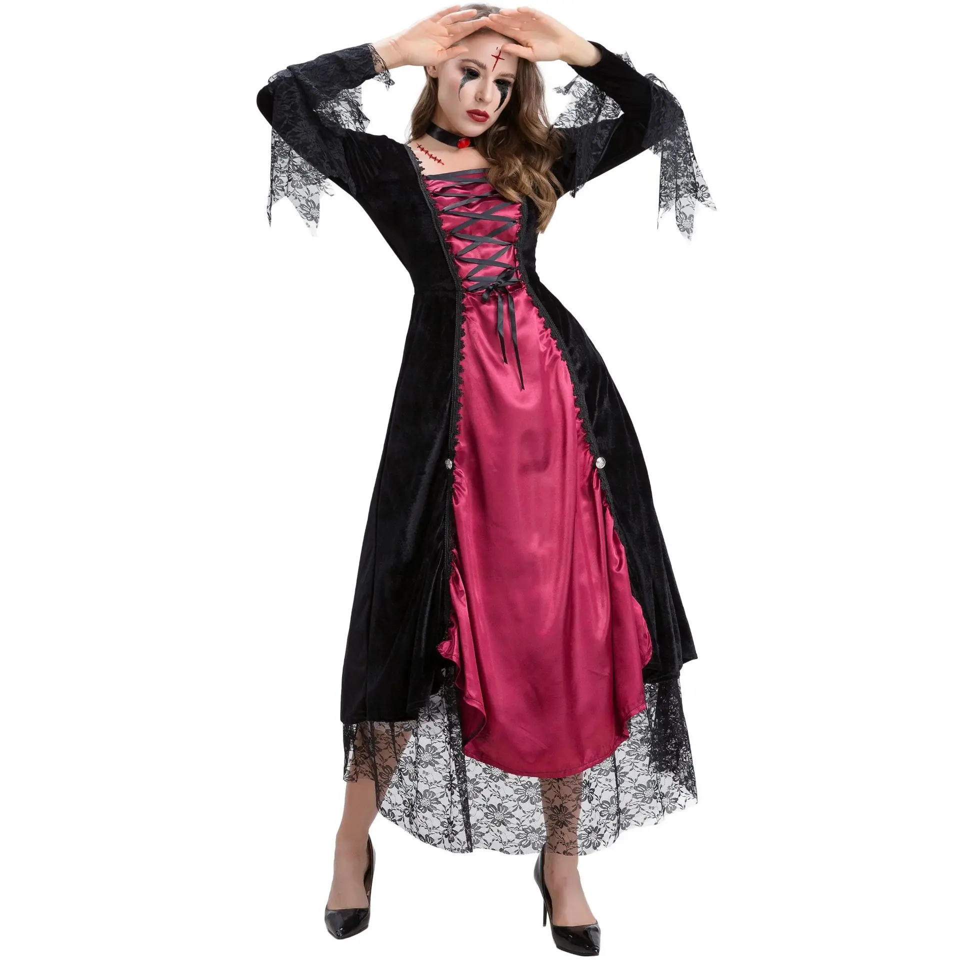 

Halloween Cosplay Sexy Black Red Gothic Court Robe Vampire Game Uniform