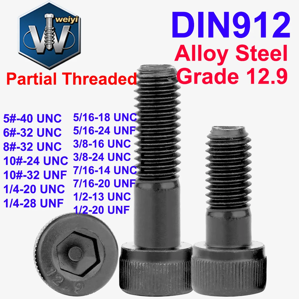 Weiyi 5# 6# 8# 10# 1/4'' to 1/2'' UNC UNF DIN912 Grade 12.9 Black Hex Socket Knurled Cap Head Bolts Allen Key Partial Threaded