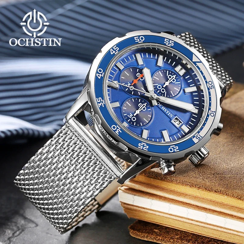 OCHSTIN 2027 NEW Men Chronograph Watch 30M Waterproof Stainless Steel Mesh Band Quartz Wristwatch Date Sport Male Clock Gift