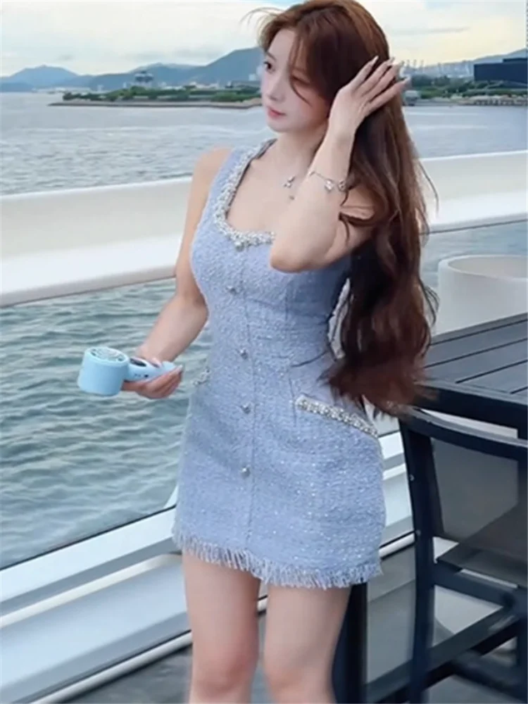 Sukienka mini na urodziny dla dziewczynki, luksusowe koraliki, celebrytka, nowa letnia sukienka bez rękawów z frędzlami, obcisła, krótka, ołówkowa, na ramiączkach.