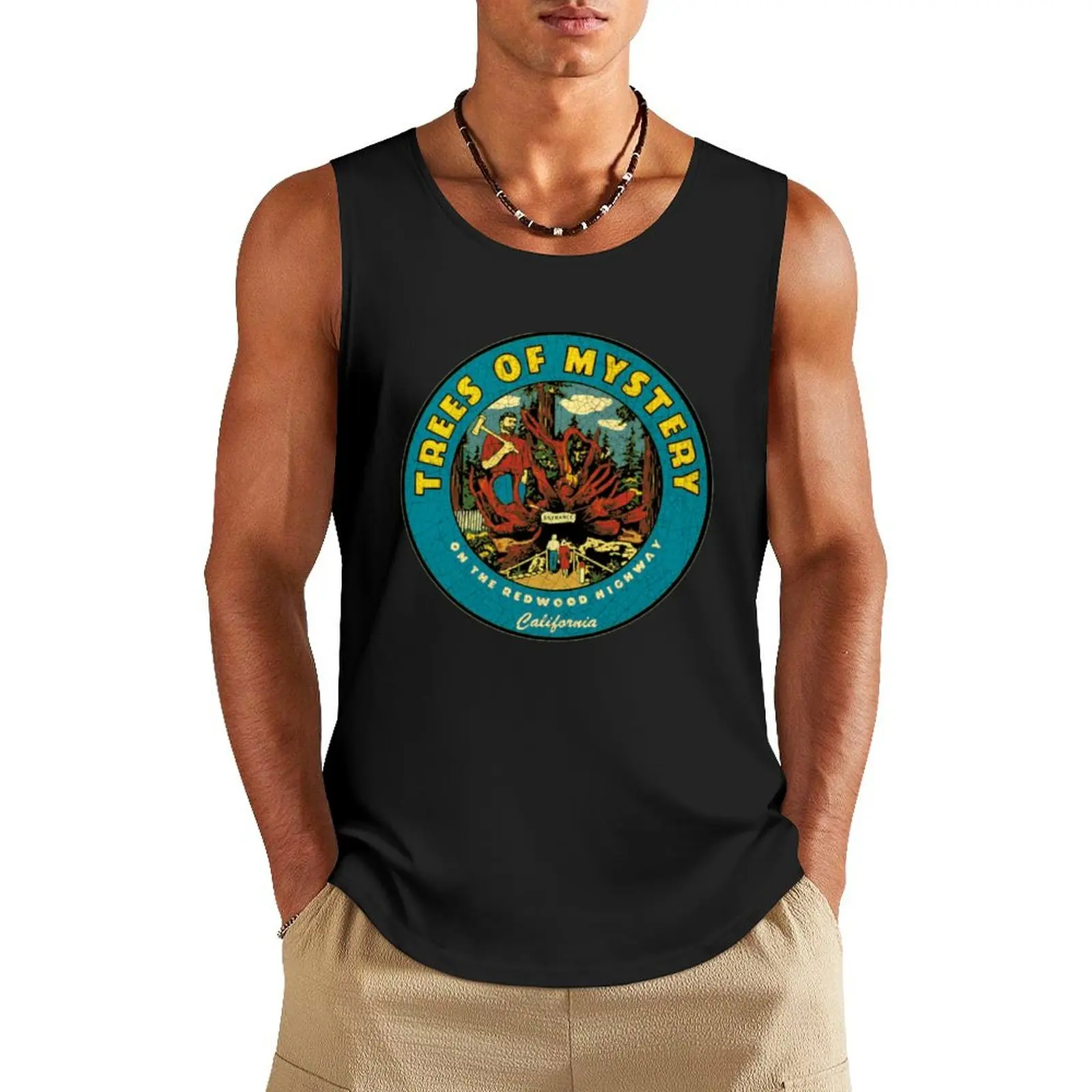 

Trees of Mystery vintage California decal Sticker Tank Top T-shirt male summer Men's tops