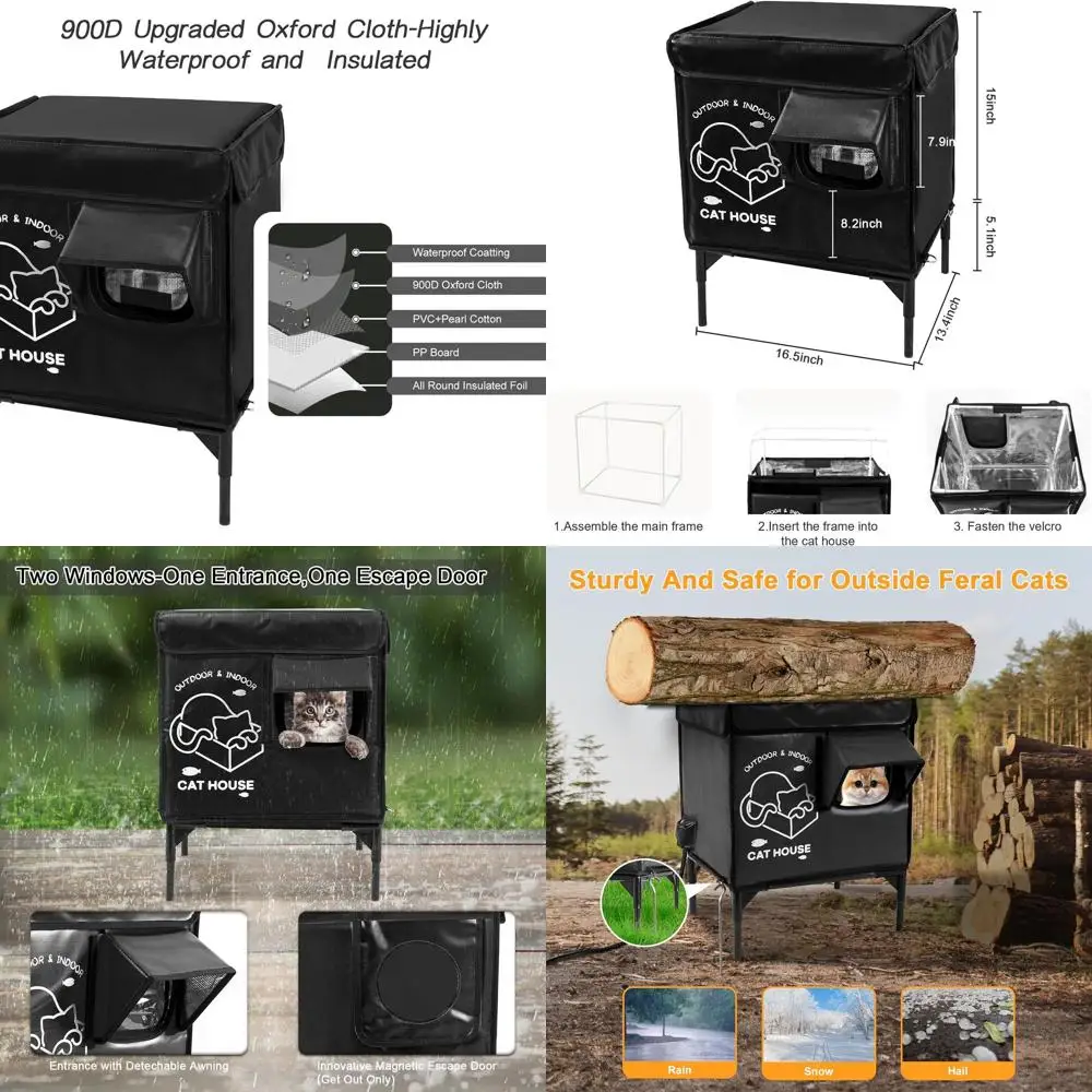 

Weatherproof Elevated Outdoor Cat Shelter for Feral Cats with Insulation and Escape Hatch - Black