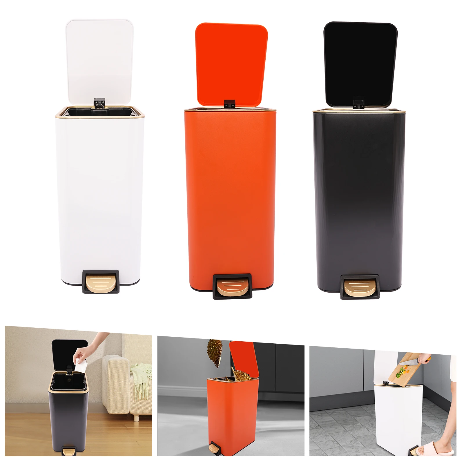 

12L 3.17Gal Bathroom Trash Can Trash Can with Lid Step Trash Bin Built-in Hydraulic Slow Closing Device White Orange Black