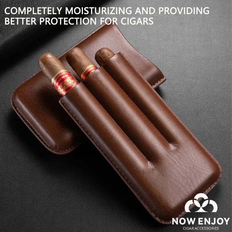 NOW ENJOY Cowleather Portable Cigar Case 3-Finger Moisturizing Cigar Box Retaining Feature Travel And Portabilit Cigar Accessory