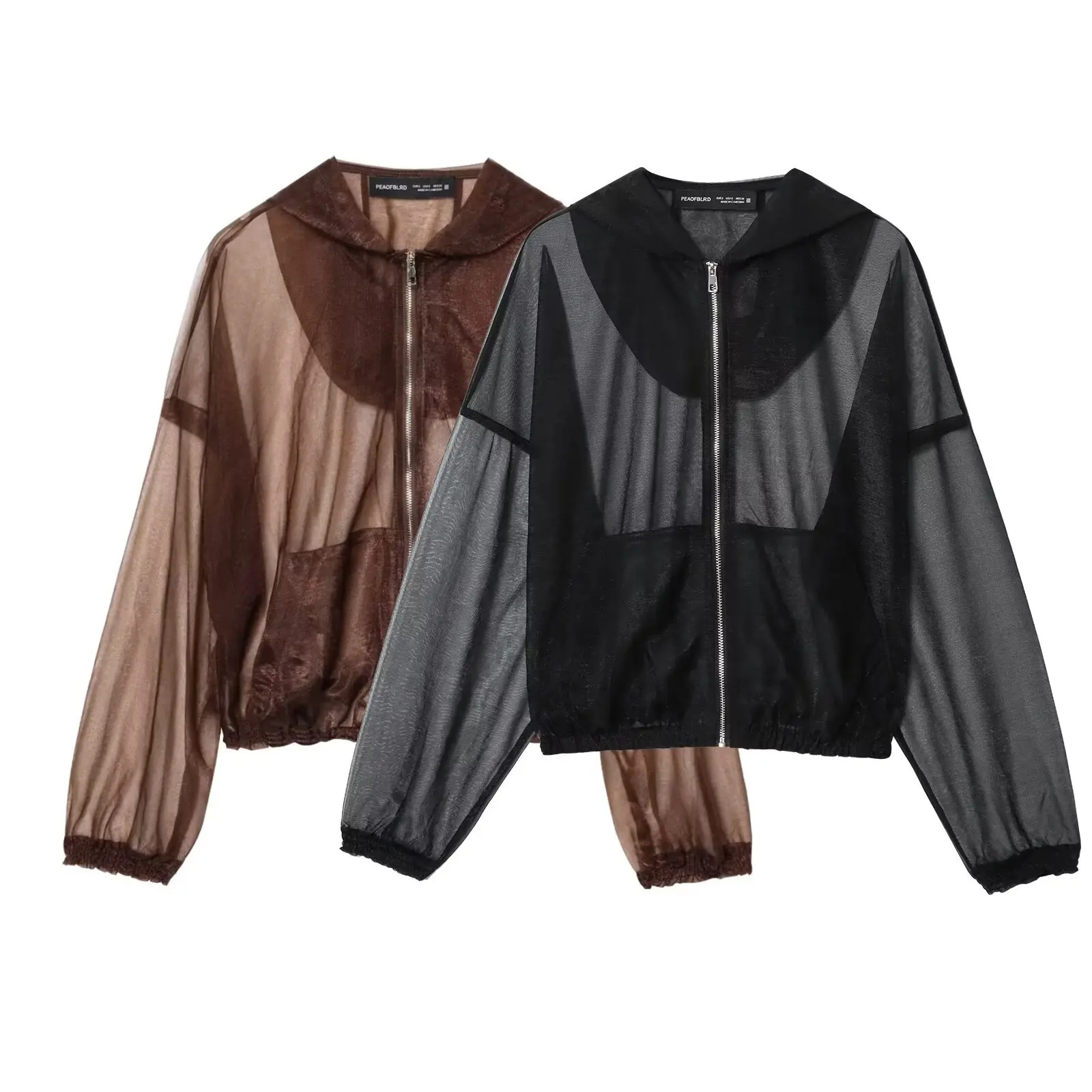 

Women Long Sleeve Casual Loose Short Outerwear Autumn Winter New Women Semi-sheer Organza Hooded Front Zipper Jacket