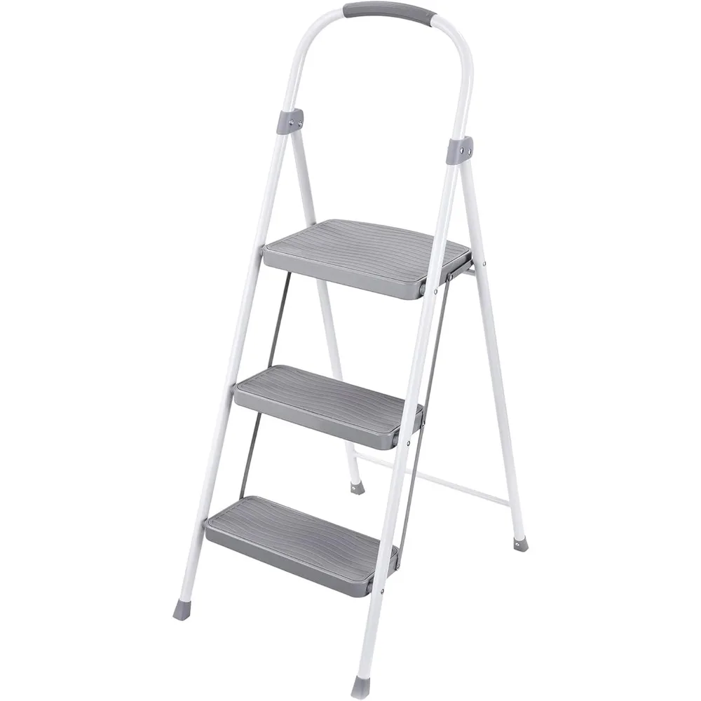 

3 Step Folding Ladder, Steel Foldable Step Stool with Hand Grip, White