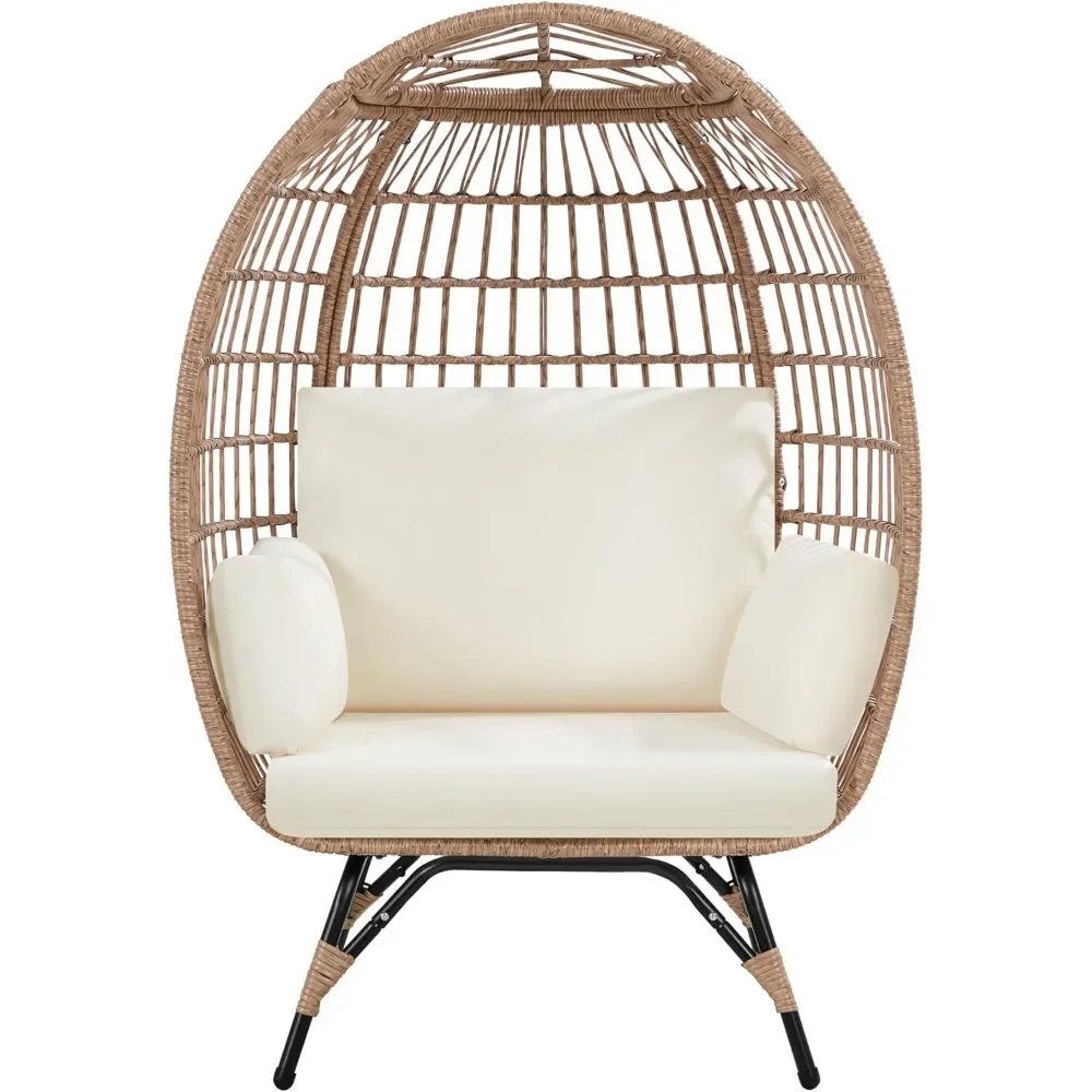 Egg Chair, PE Rattan Lounge Chair w/ 4 Cushions, Oversized Egg-Shaped Chair w/Metal Frame Stand, Living Room Chairs