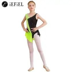 Kids Girls Sparkly Rhinestone Figure Ice Skating Costume Dance Gymnastics Roller Skating Skirted Leotard Dress Modern Dancewear