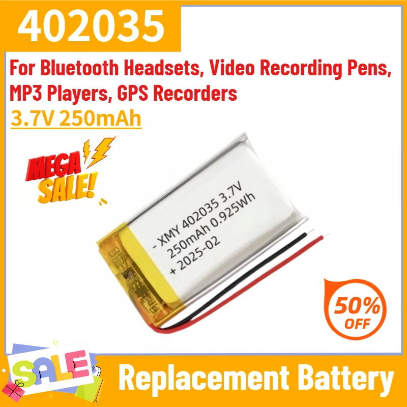 402035 Battery 3.7V 250mAh for Bluetooth Headsets, Video Recording Pens, MP3 Players, GPS Recorders Replacement Battery