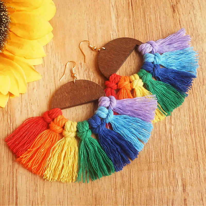 European and American Fashion Wooden Wood Rainbow Tassel Hand-woven Earrings Baroque Color Personality Large Jewelry