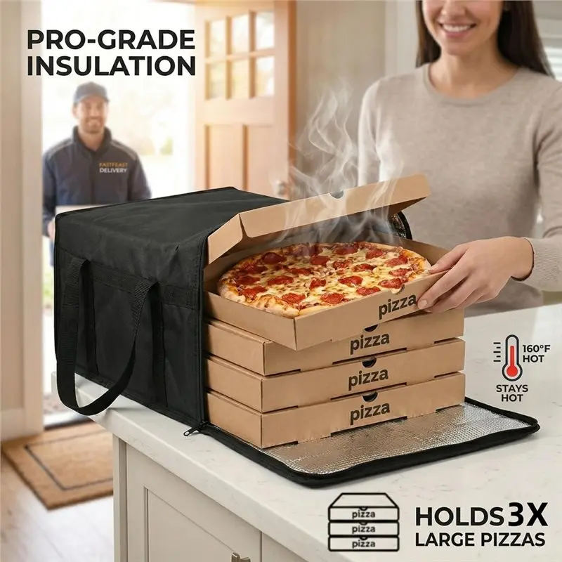 ABRT-19.6X19.6X5.9 Insulated Pizza Delivery Bag With Zipper Thermal Food Carrier Reusable Catering Transport Box Black