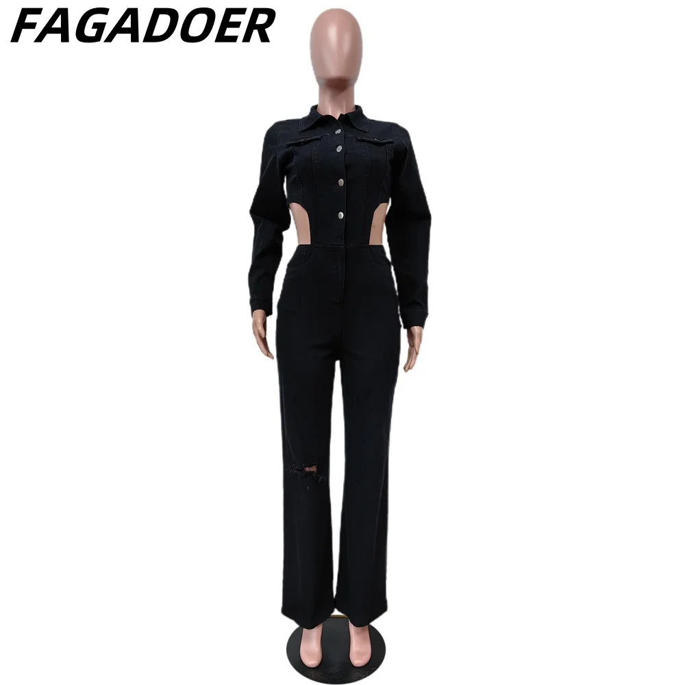 Fagadoer Zwart Herfst Winter Casual Denim Gat Jumpsuit Vrouwen Turndown Kraag Knoop Lange Mouw Holle Cowboy Playsuit