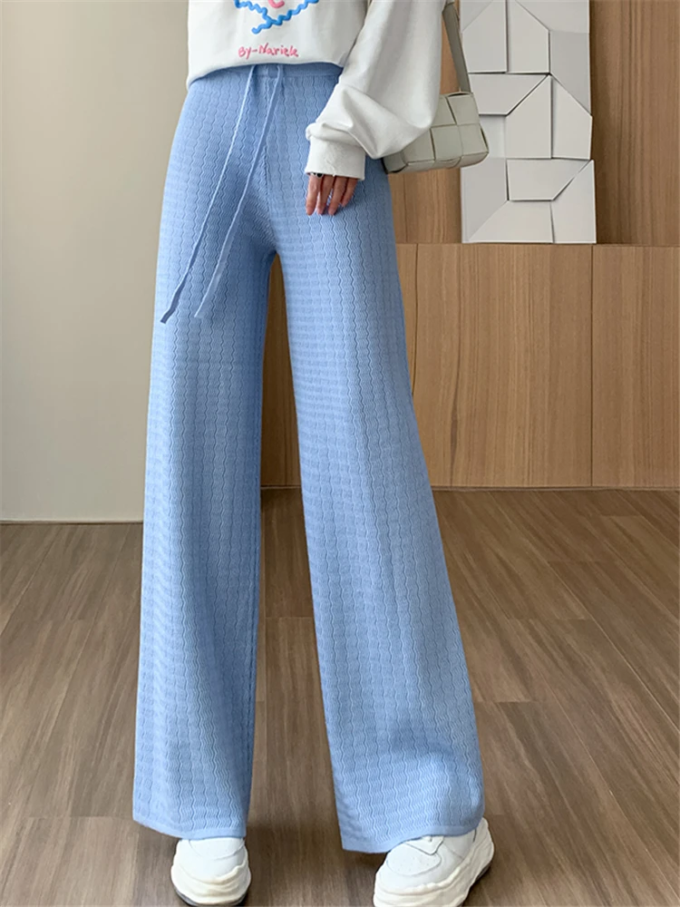 REALEFT Drawstring Women's Knitting Pants Autumn Winter High Waist Solid Straight Wide Leg Long Pants 2022 Casual Trouses Female