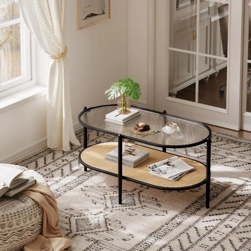 2-Tier Rattan Coffee Table, Boho Oval Coffee Table with Tempered Glass Top, Farmhouse Water for Living Room Office Home