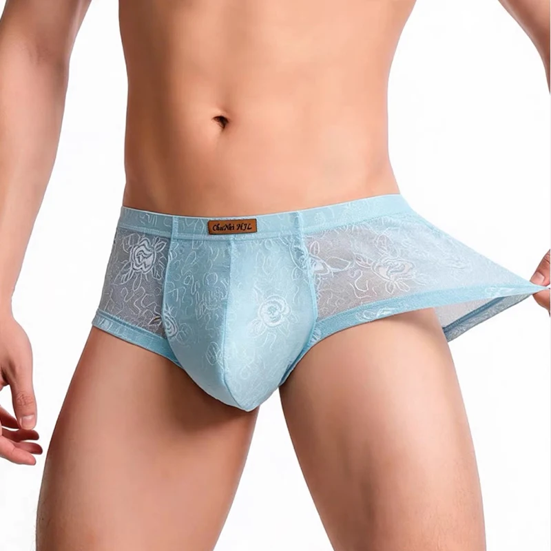 Men Sexy Ice Silk Lace Briefs Undies Summer Thin Cool Panties U Bulge Pouch Underwear Quick Drying Breathable Underpants Slip