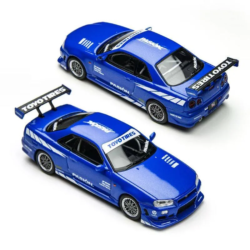 タイムマイクロ-1-64-日産スカイライン-gt-r-r34-c-west-キャストプレスシミュレーション合金車モデル、男の子向けおもちゃコレクション装飾品。
