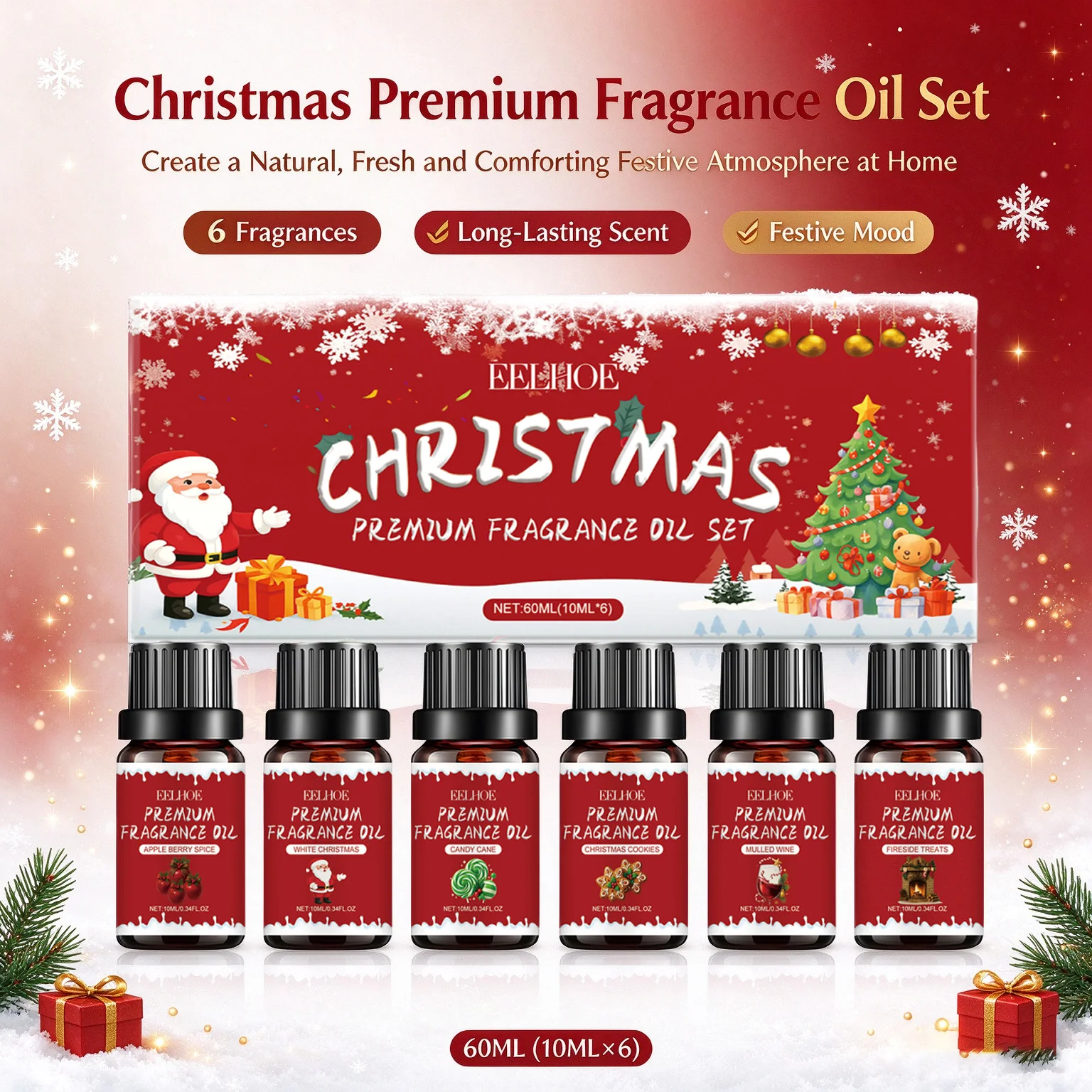 Christmas Fragrance Oil Set 6x10ml Winter Aromatherapy Diffuser Oils Holiday Gift for Home Apple Berry Spice Candy Cane