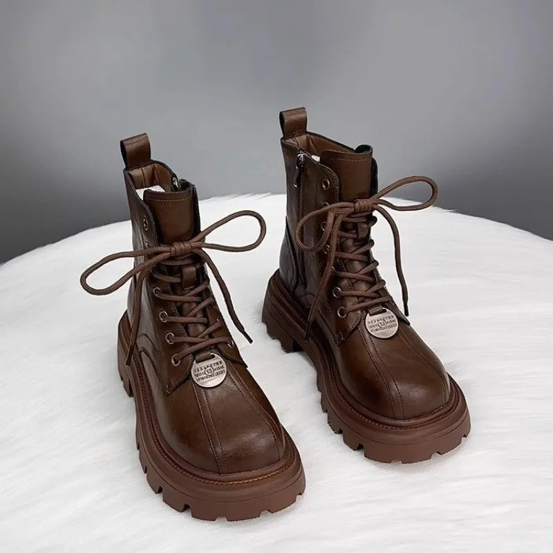 New Autumn Winter Round Head Thick Front Lacing Up British Style Retro Fashion Short Boots Thick Sole Side Zipper Raising Shoes