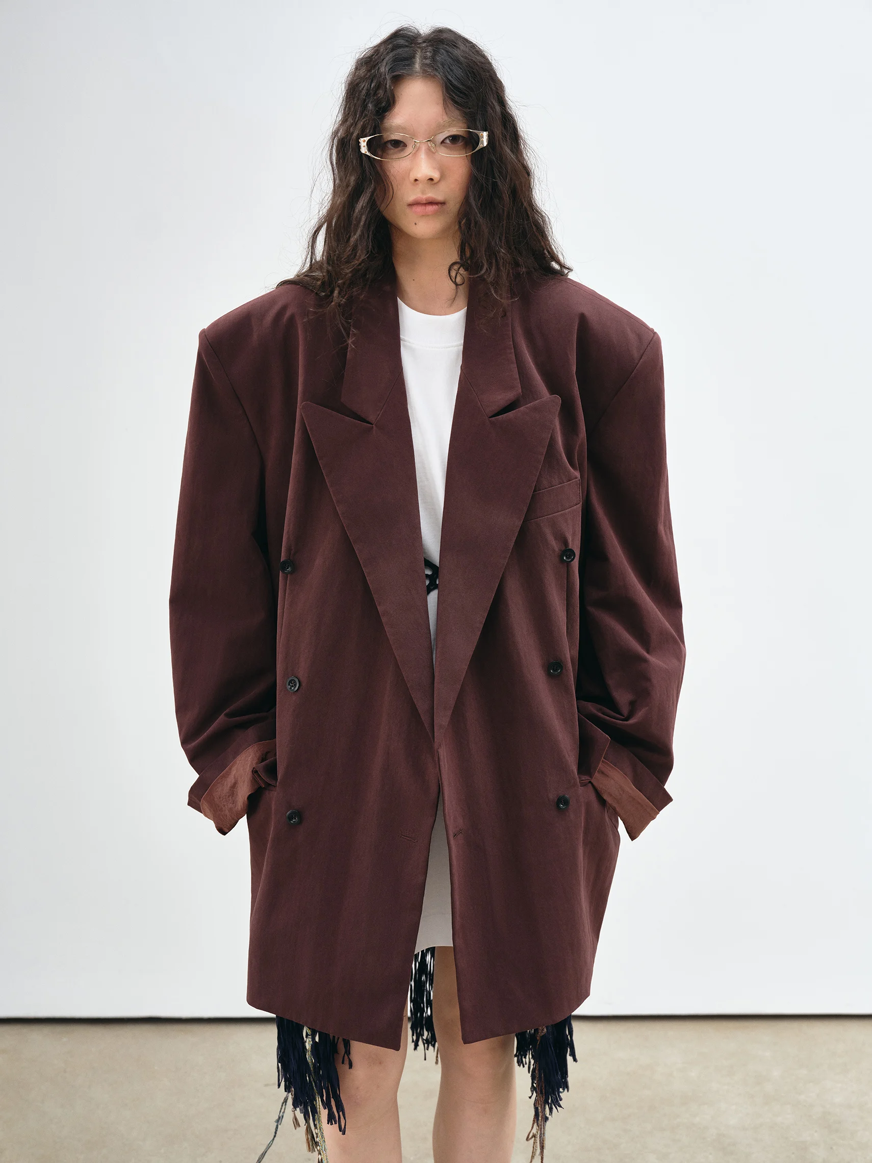 VERMO Retro Washed Texture Wide Shoulder Cotton Blend Suit Jacket Neutral Style Loose Fit Commute Appropriate Double Breasted