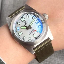 Tandorio MOP Dial 200m Dive Automatic Watch Men Steel 62mas Pilot Wristwatch AR Sapphire Military Clock Olive Green Nylon Strap