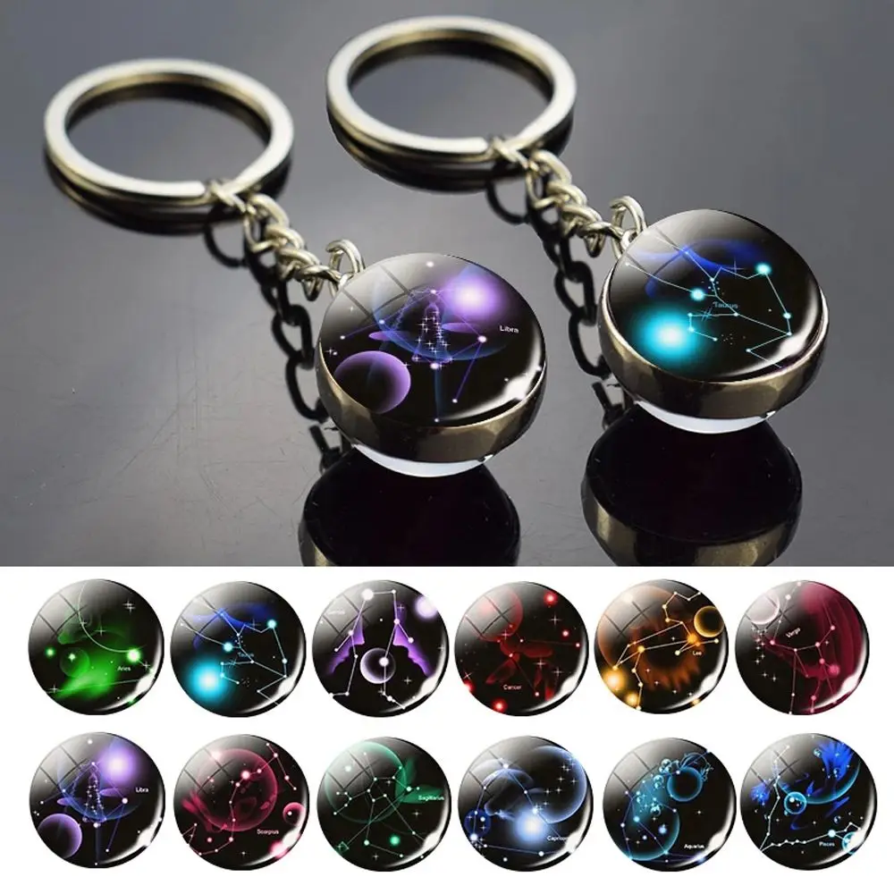 Leo Libra Scorpio 12 Constellation Keychain Glass Ball Pendant Zodiac Sign Keychain Car Key Rings Men Women Birthday Gifts