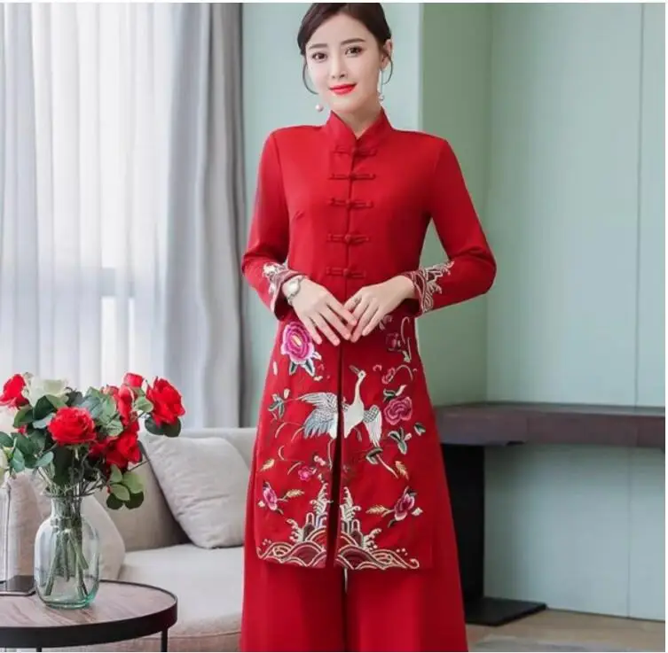 Terno Tang retrô com calças bordadas de perna larga, Qipao melhorado, estilo étnico