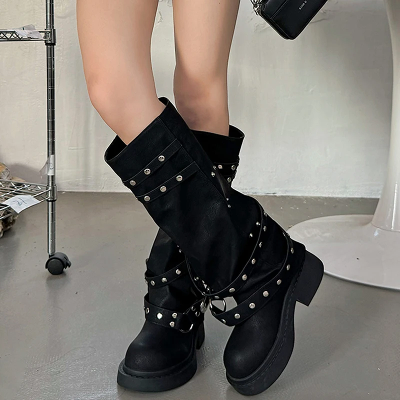 Vintage Rivet Women Trouser Legs High Boots Fashion Punk Style Shoes Autumn Winter Thick Heel Ladies Knight Long Booties