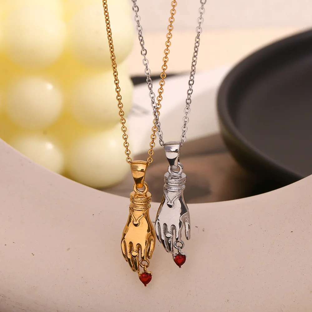 

One Handed Red Rhinestone Pendant Necklace Gold/Silver Color Stainless Steel Waterproof Tarnish Free Fashion Jewelry