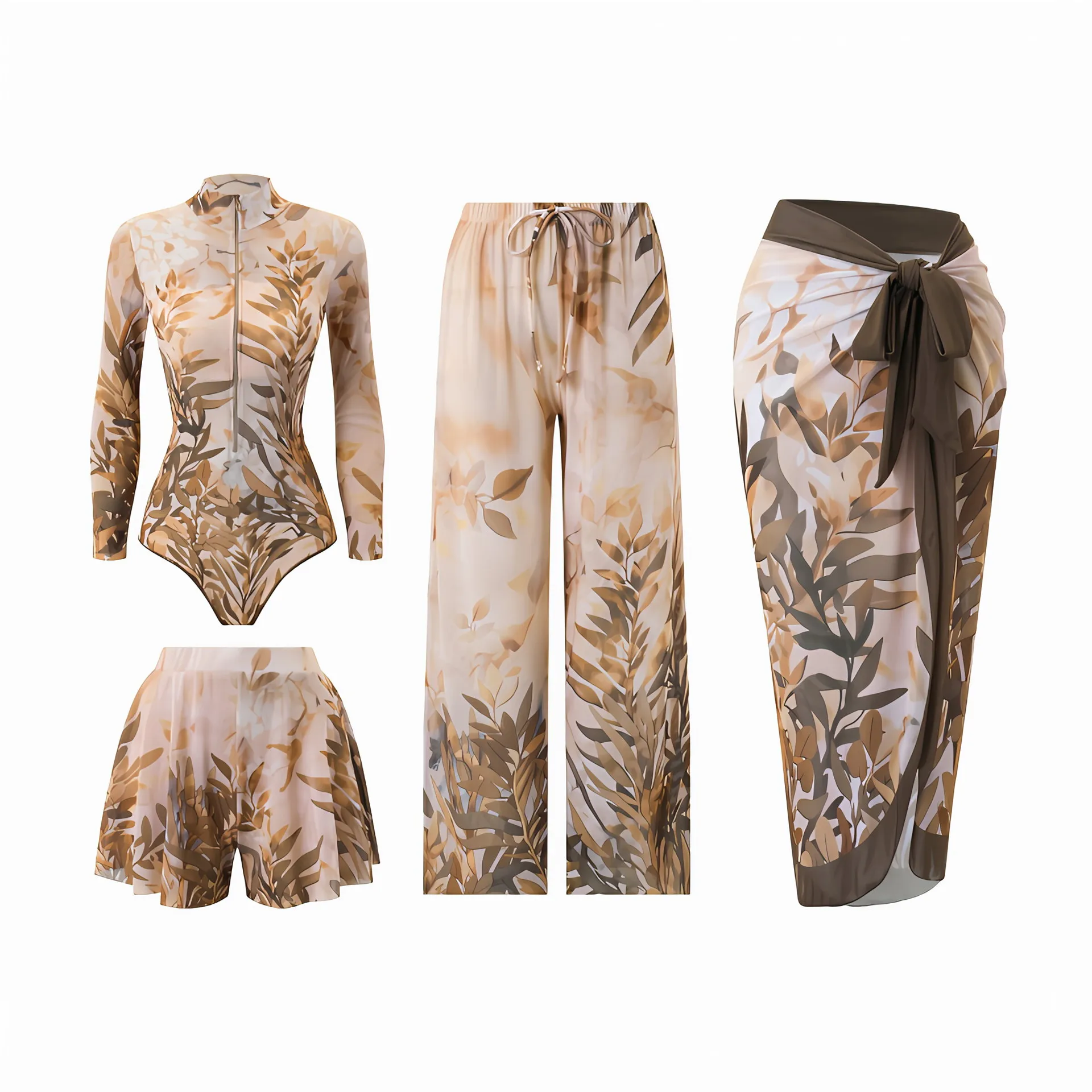 2026 Women 4Pcs Tropical Leaf Totem Print Swimwear Set Long Sleeve Front Zip Rash Guard + Wrap Skirt Wide Leg Pants Beach Shorts