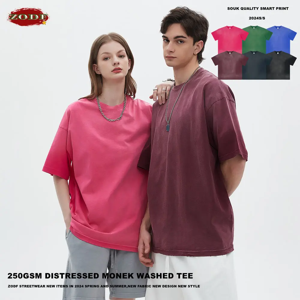 ZODF Trendy 2024 Summer Monkey Washed T-Shirts For Men Unisex Women Retro Oversized 250gsm Cotton T Shirt Streetwears HY0791