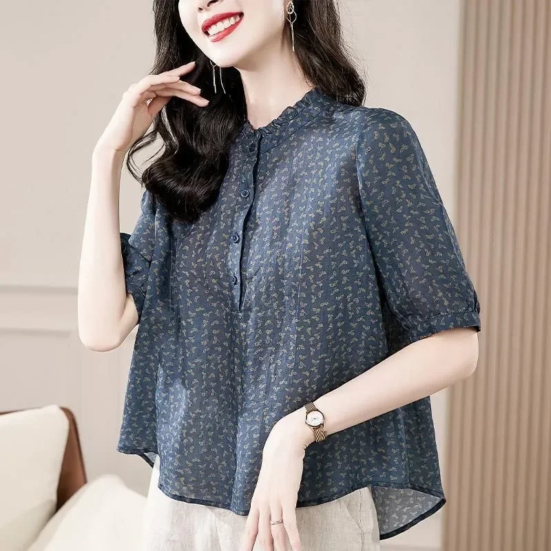 Five Sleeve All Match Retro Shirt for Women's Summer Women's Wear Middle-aged Slimming Floral Elegant Small Shirt Top