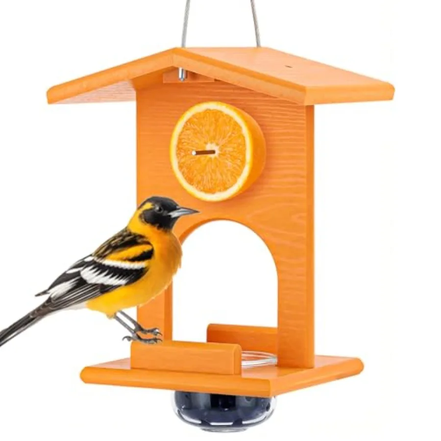 Comederos para orioles para exteriores, colgantes, todo en uno, de plástico reciclado, con una taza de vidrio extraíble para gelatina, mermelada o fruta.