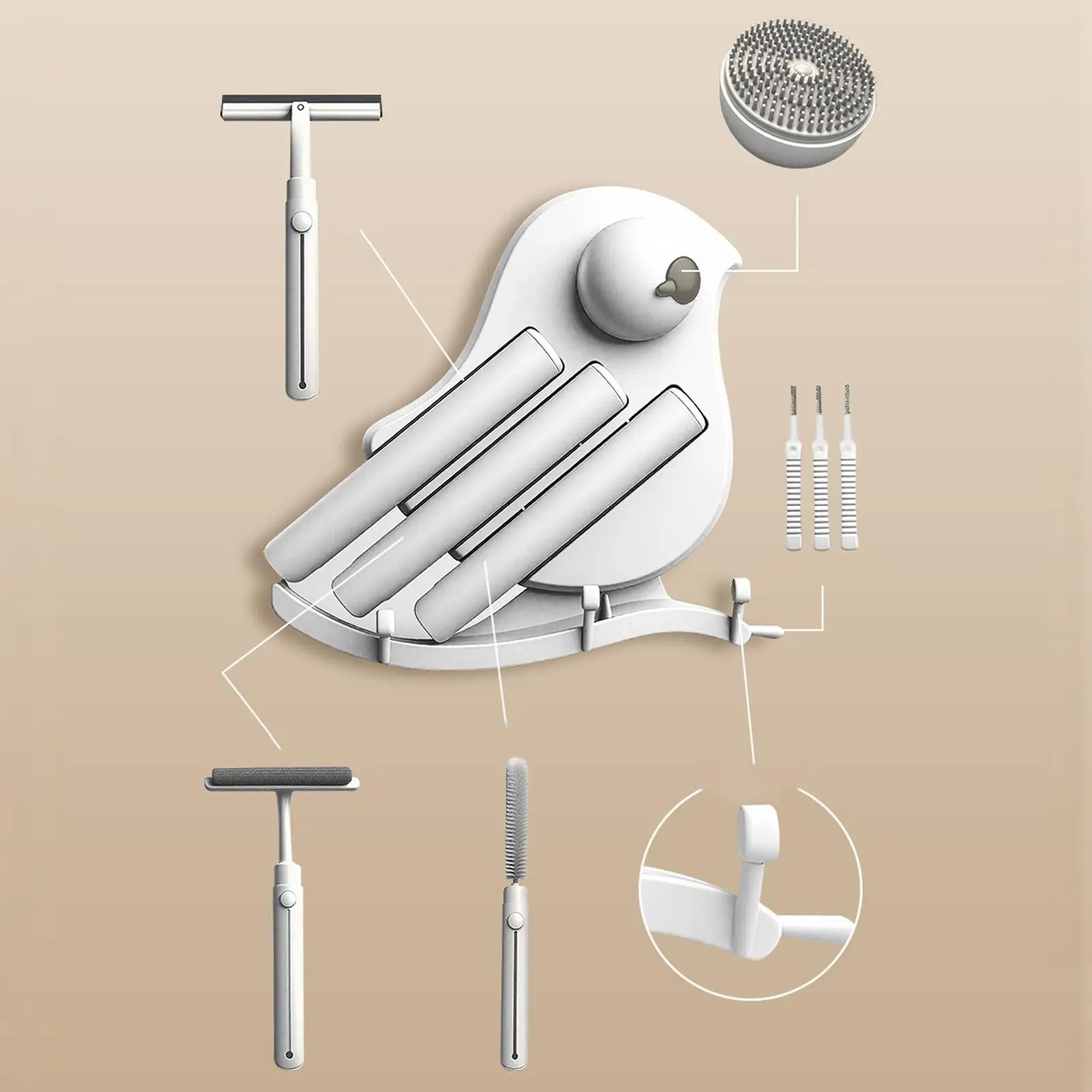 

Cleaning Brush Set with Scraper Tool Bird Shape Rack Hooks for Wet Dry Use Small Space Kitchen Mirror Crevice Tile Wall Cleaning